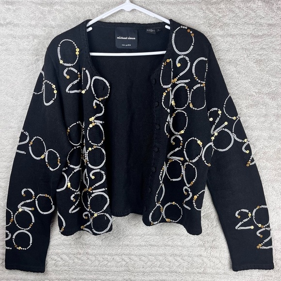 Michael Simon VTG Y2K Cardigan Sweater Year 2000 Theme Beads & Pearls Black L - Picture 1 of 14